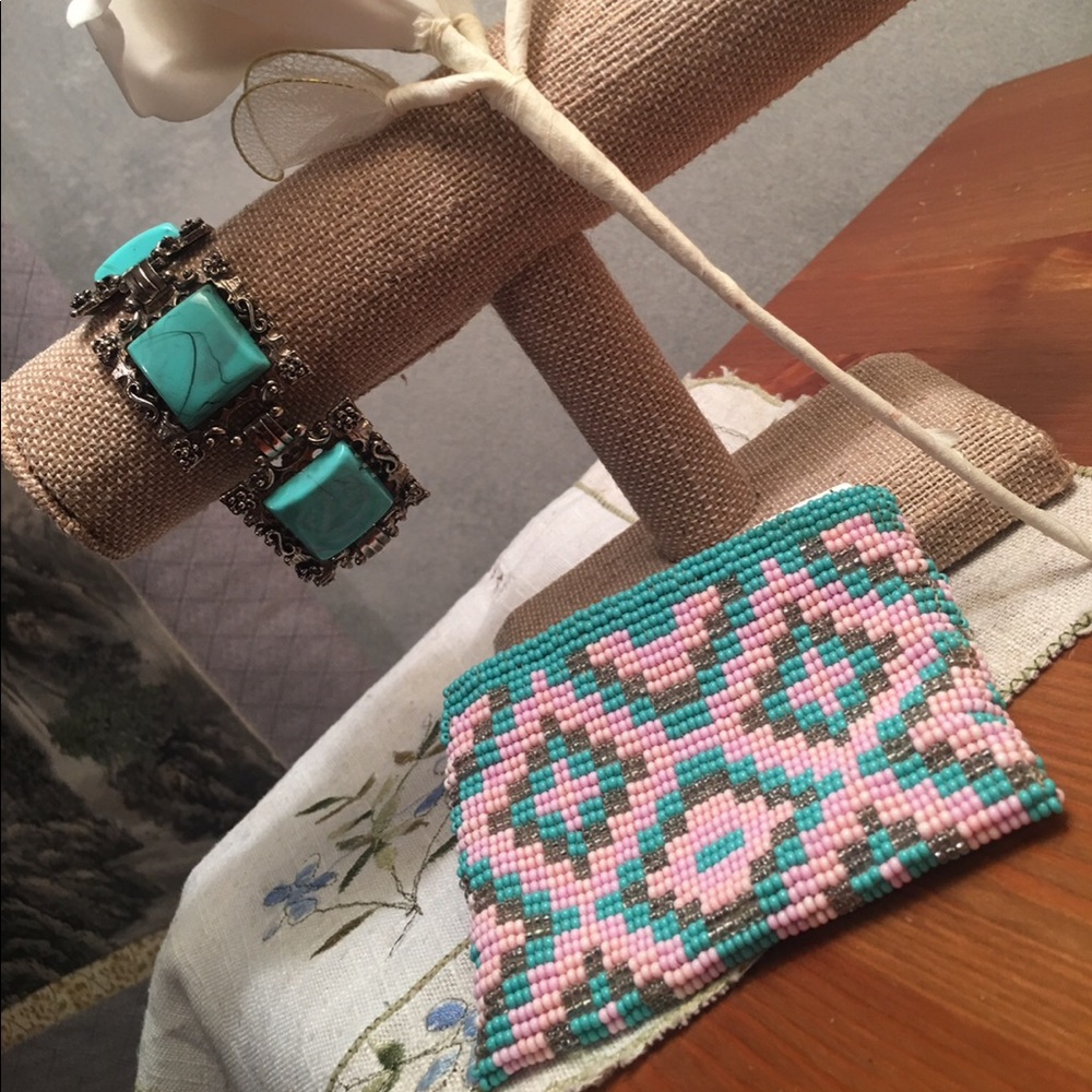 Mexico Handmade Huichol Purse Turquoise Pink